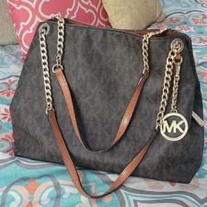 Michael Kors Hobo Shoulder Bag Signature Brown Leather with Gold Accents